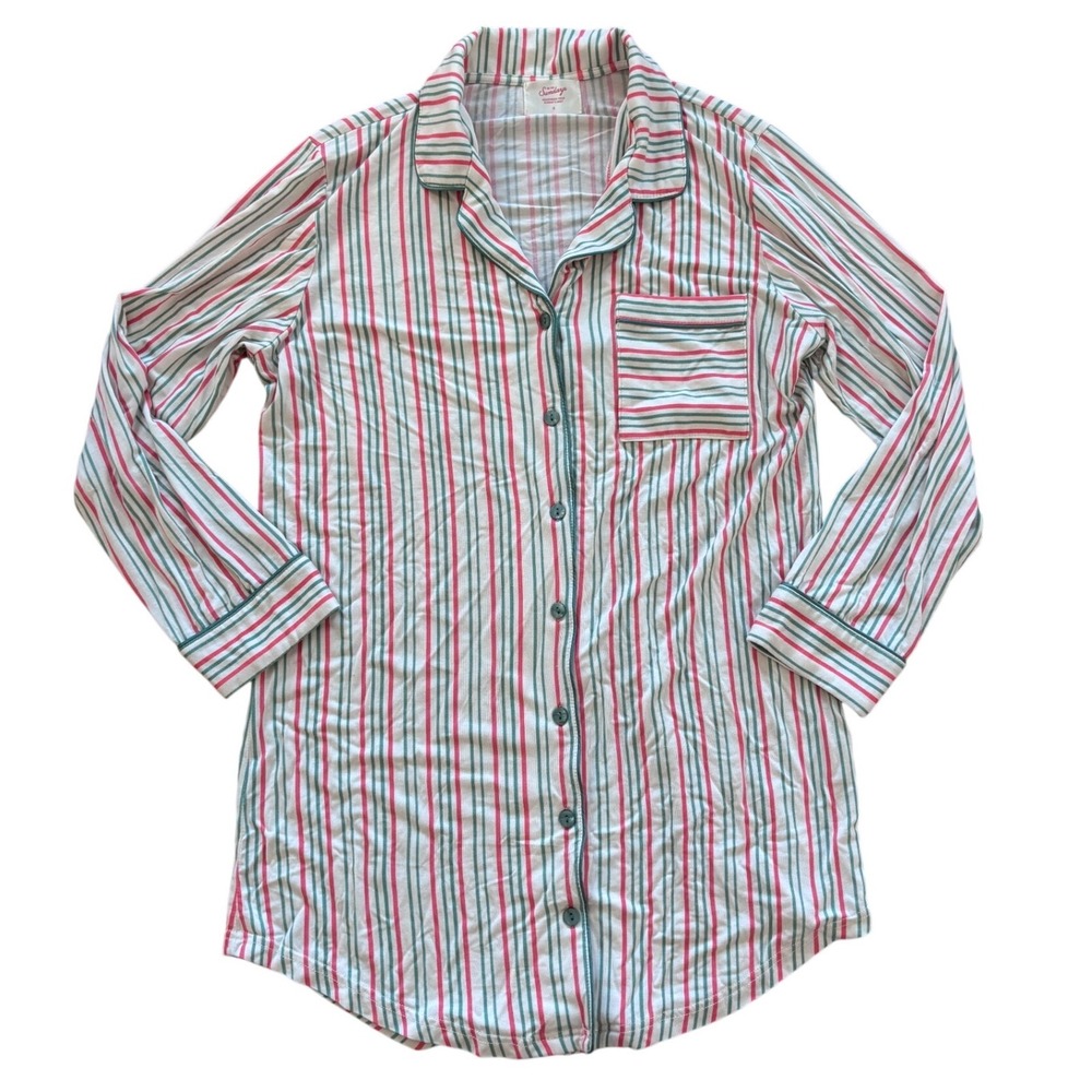 In My Sundays Sleep Shirt Womens Small Red Green Striped Button Front Nightgown